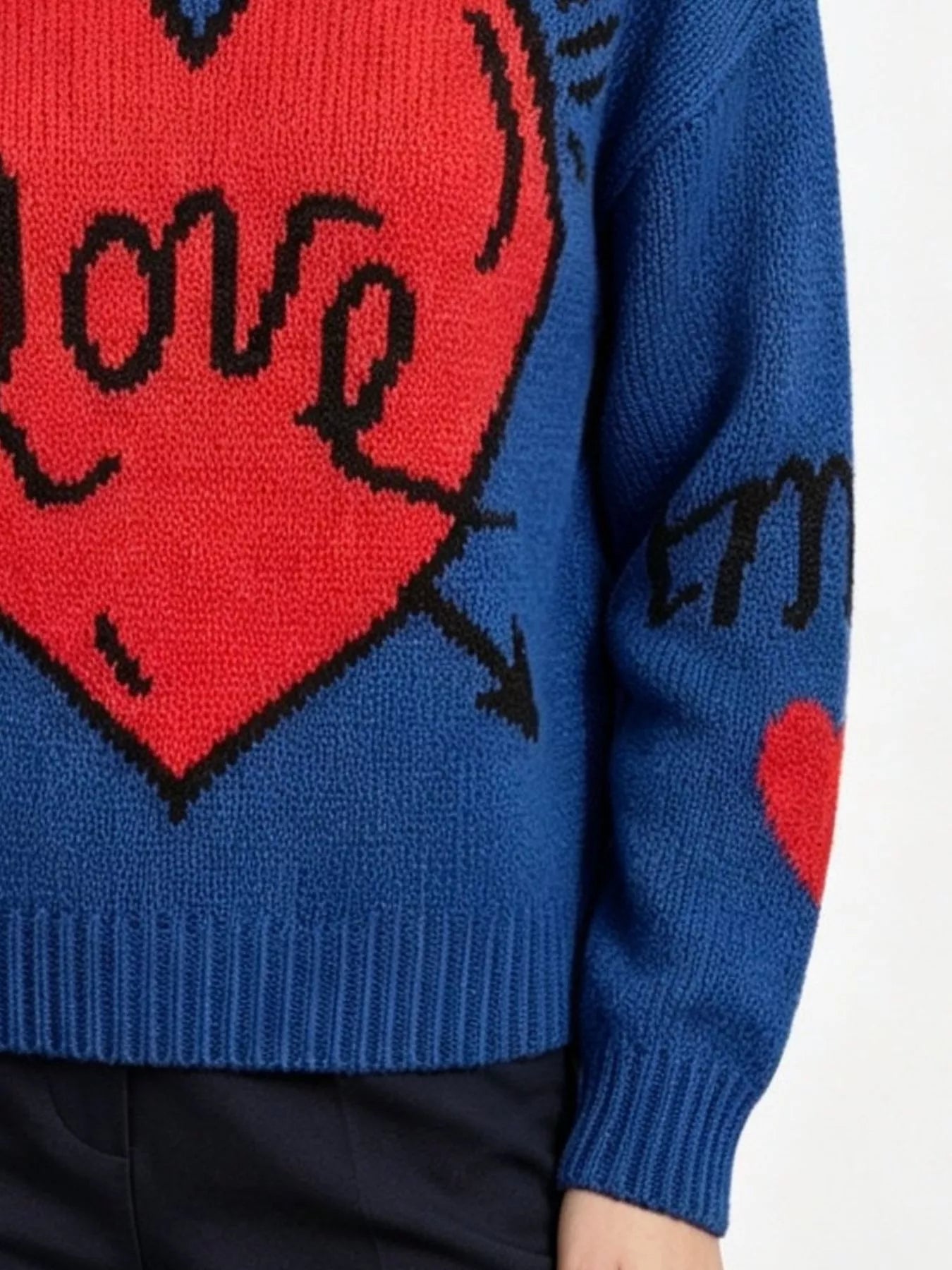 Heart Round Neck Ribbed Sweater