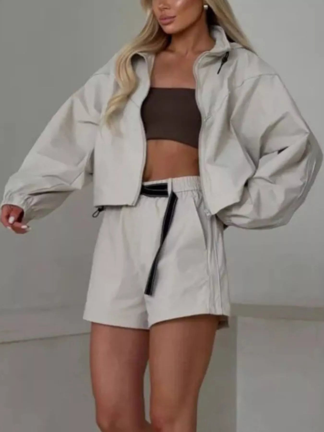 Drawstring Zip-Up Jacket and Shorts Set