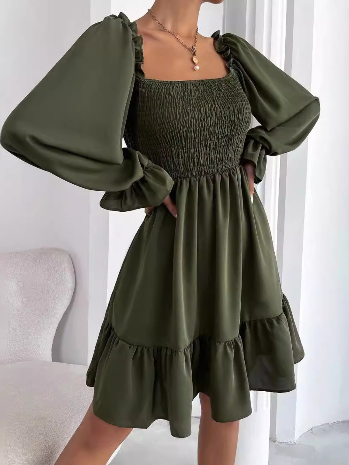 Smocked Flounce Sleeve Mini Dress