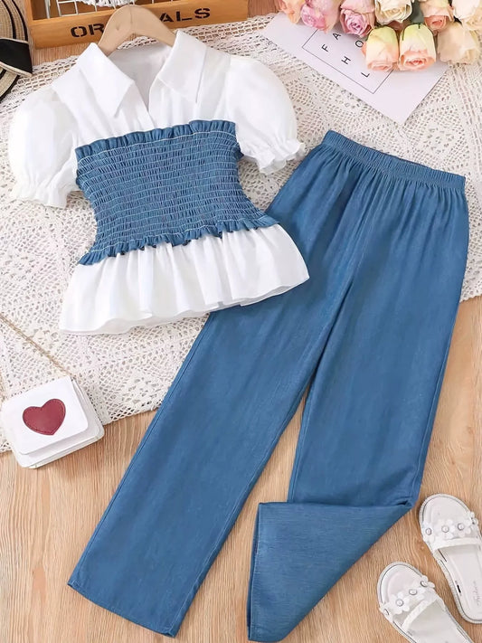 Children's Smocked Blouse and Wide Leg Pants Set