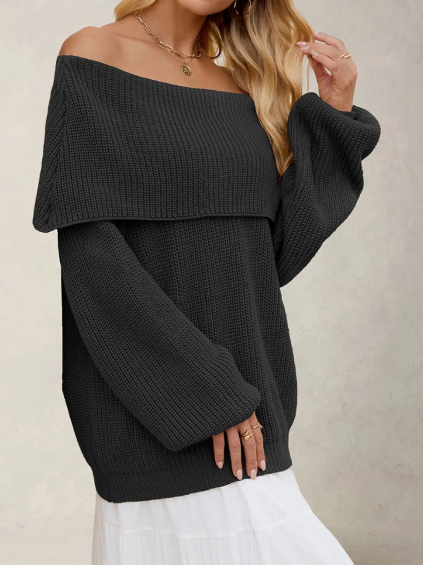 Fold-Over Collar Long Sleeve Sweater