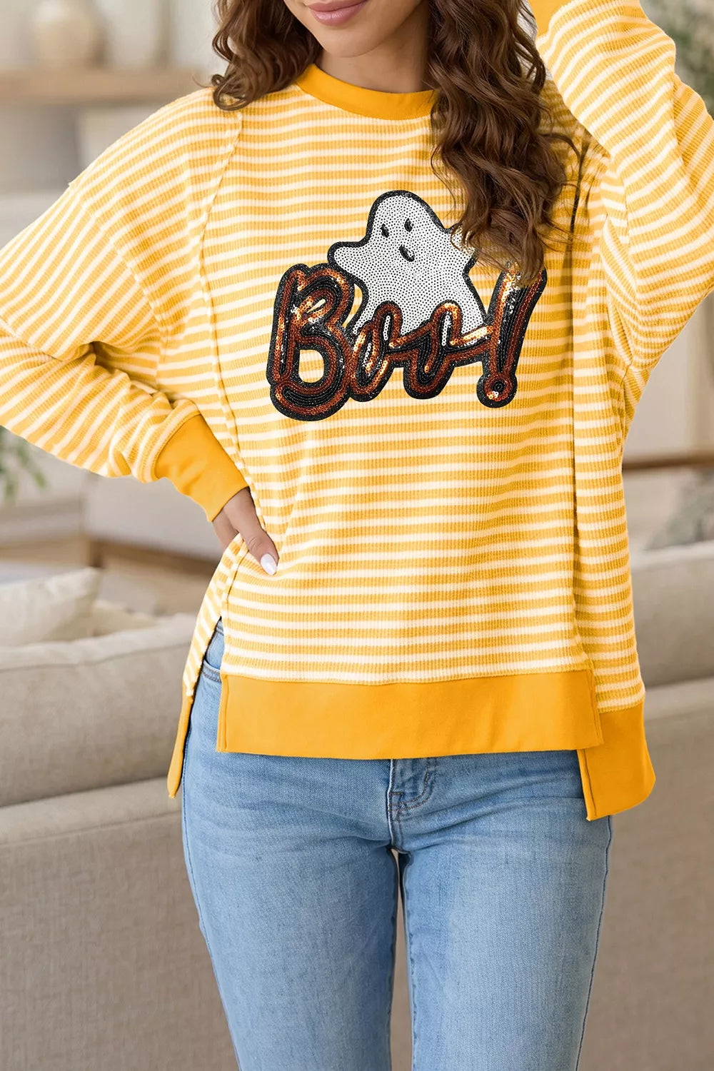 Stripe Boo Sequin Ghost Halloween Split Hem Long Sleeve Top