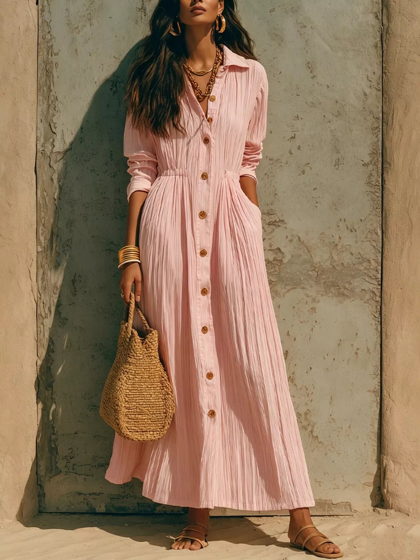 Full Size Textured Button Front Long Sleeve Maxi Dress Plus Size