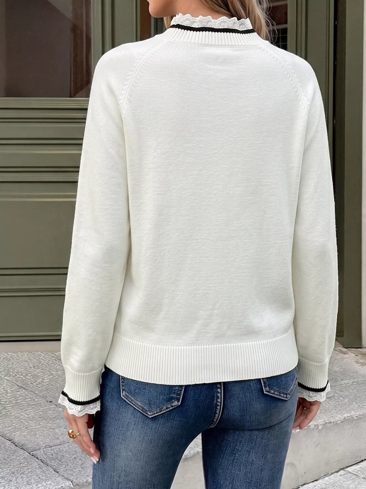 Bow-Embellished Lace Trim Sweater