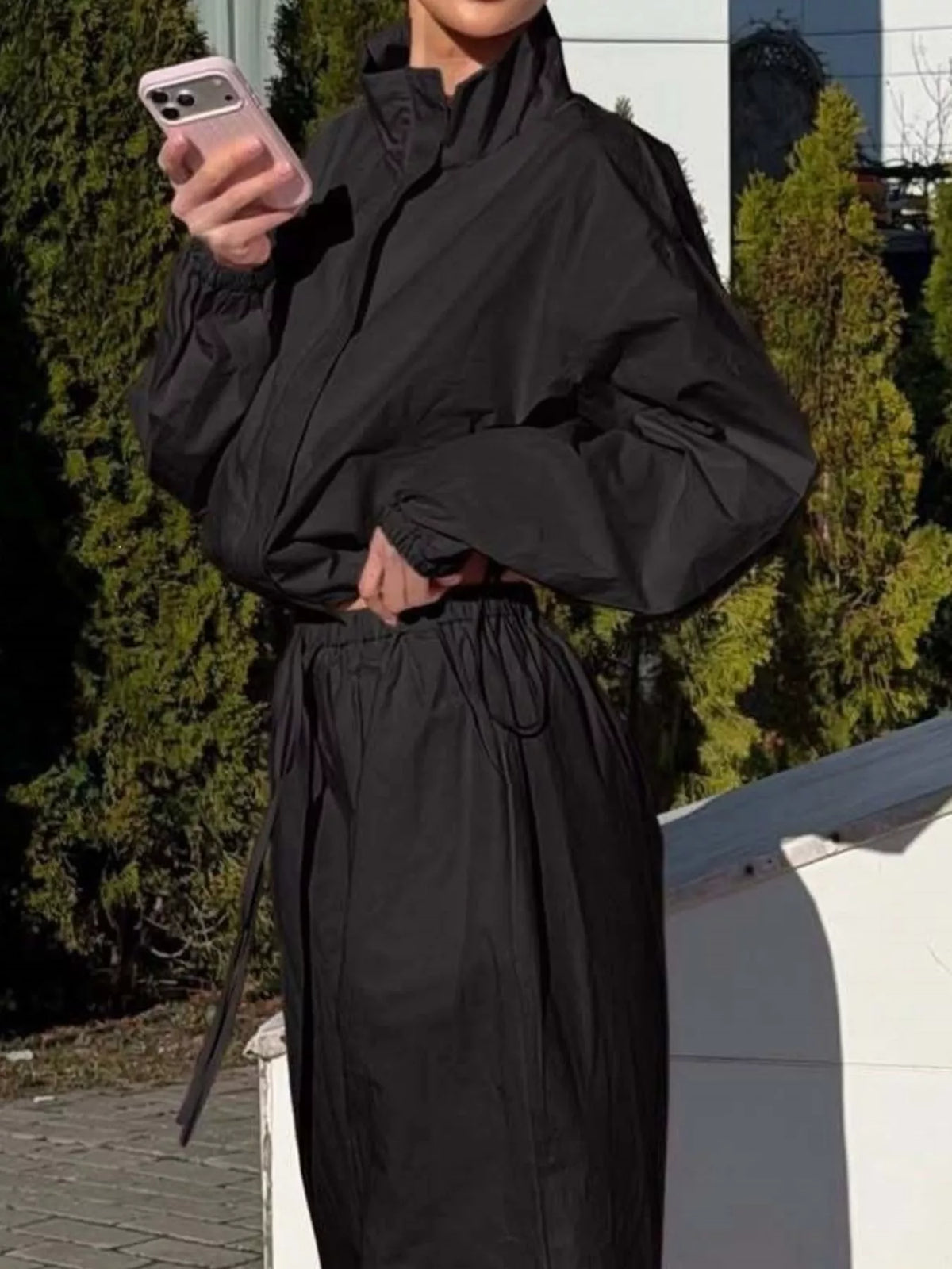 Drawstring Hem Crop Jacket and Wide-Leg Pant Set