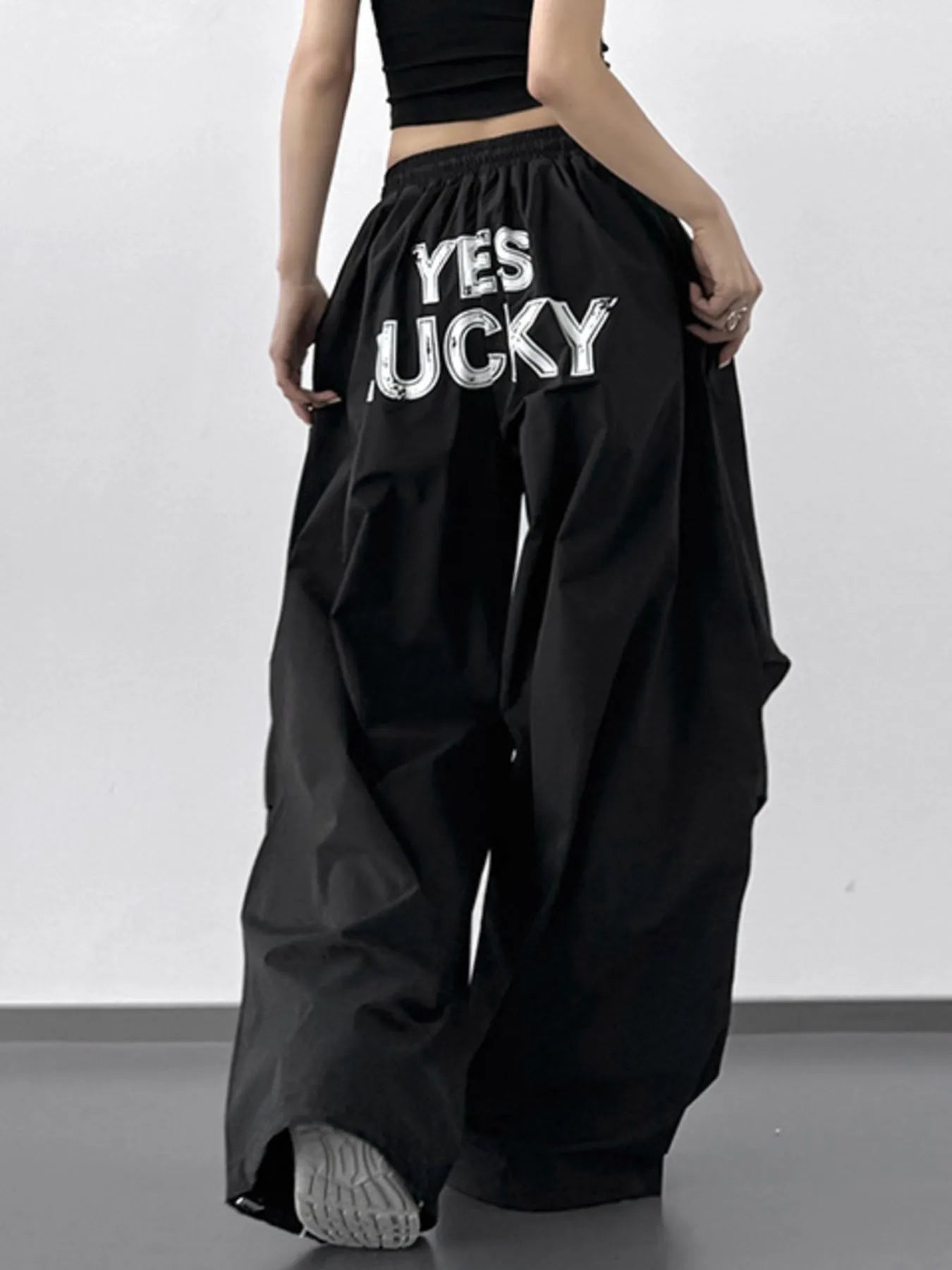 Letter Back Wide Leg Drawstring Pants