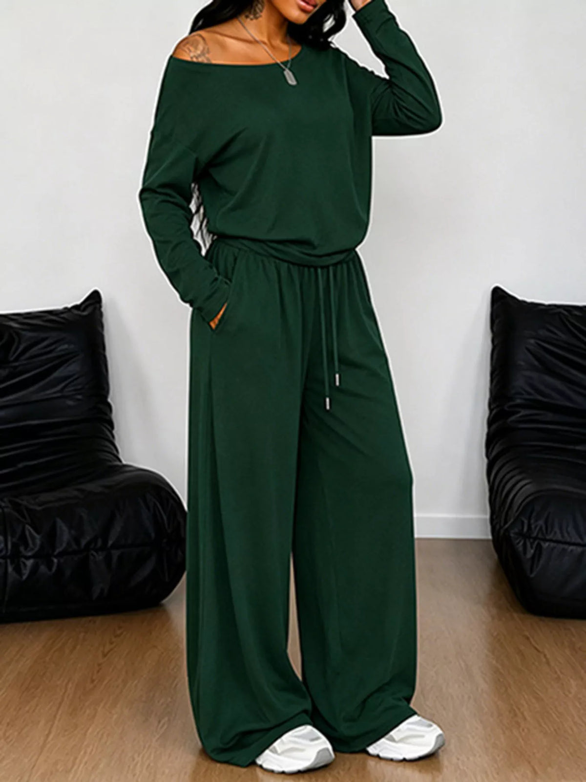 Full Size One-Shoulder Top and Drawstring Pants Set Plus Size