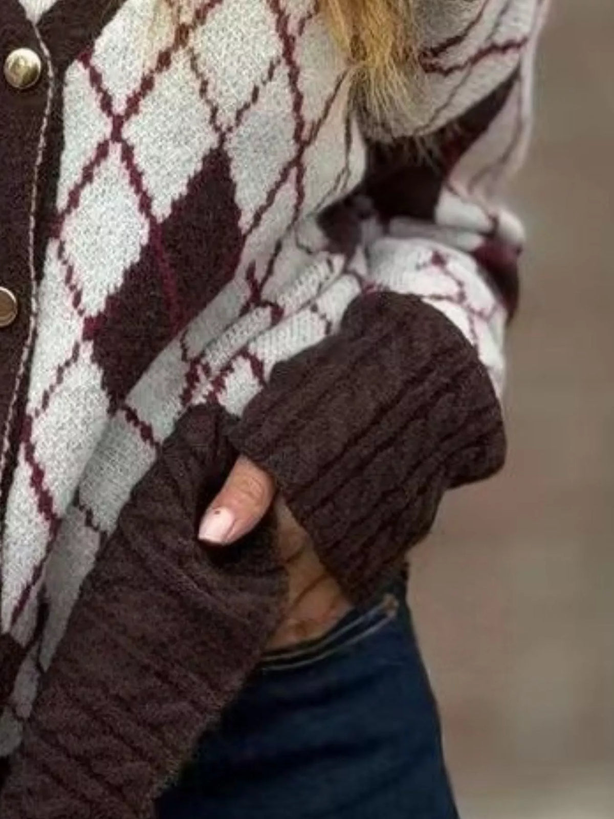 Full Size Argyle Pattern V-Neck Button-Down Knit Cardigan Plus Size
