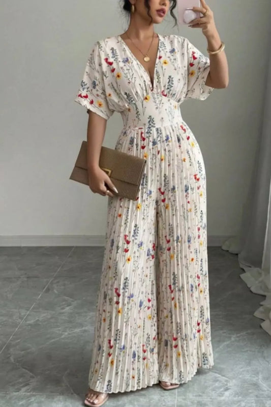 Floral Print Wide Leg Pleated Jumpsuit