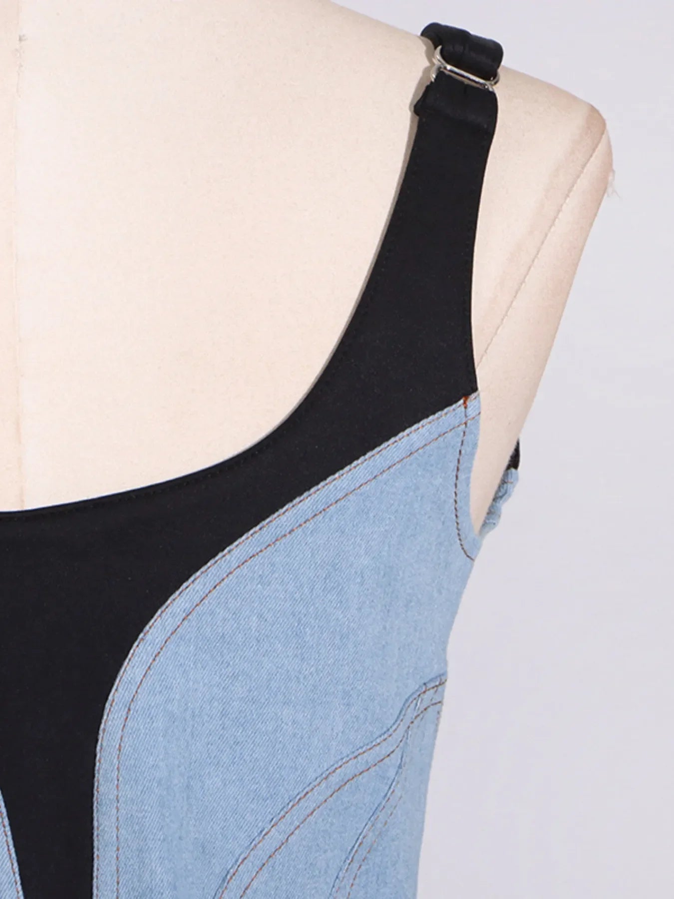 Contrast Adjustable Strap Denim Dress