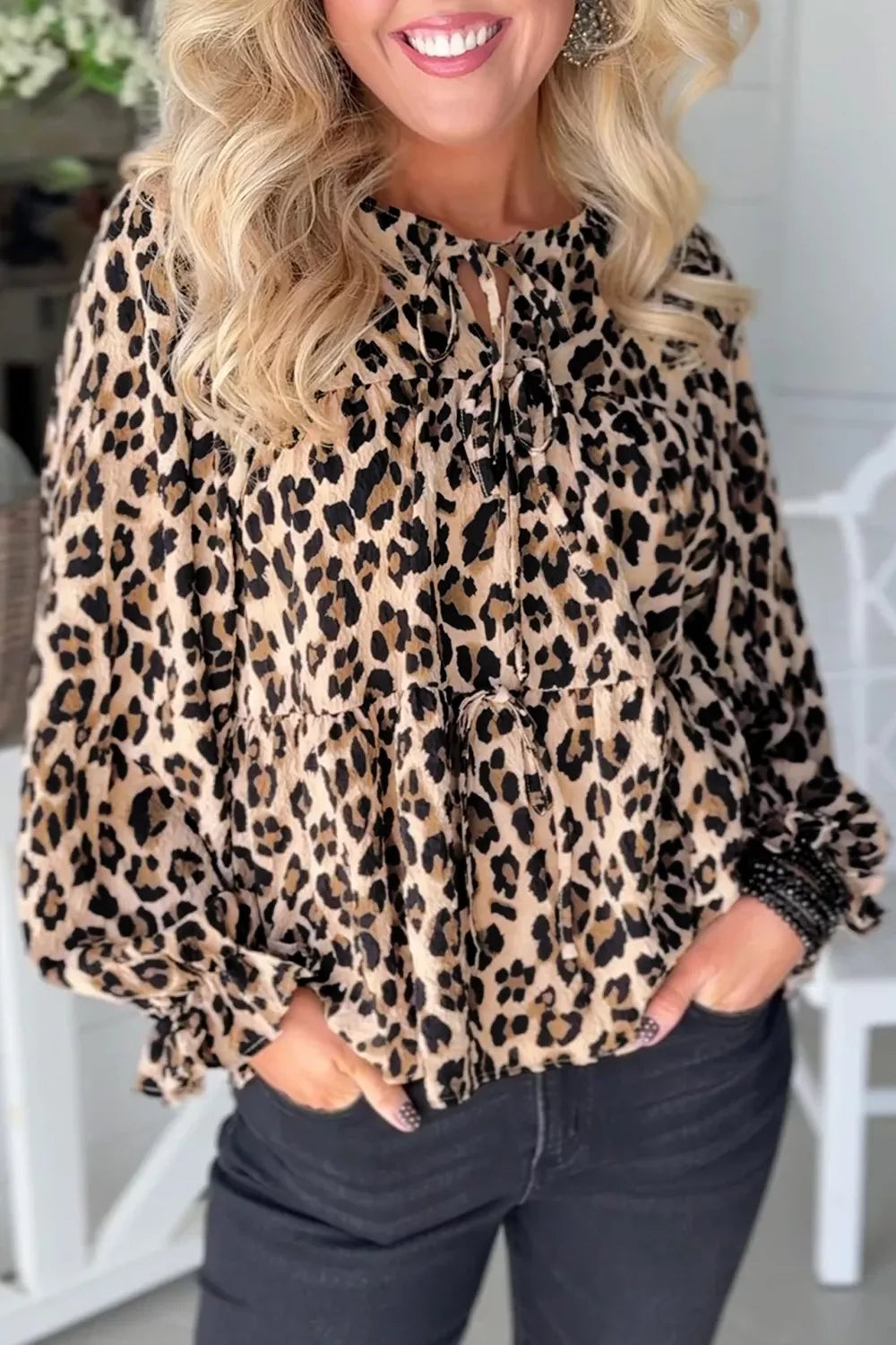 Leopard Print Tie-Neck Blouse