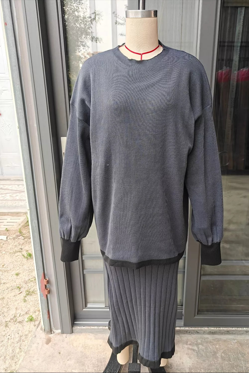 Contrast Trim Ribbed Knit Sweater and Skirt Set