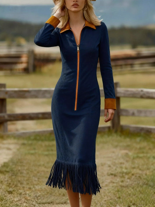 Fringe Hem Zipper Front Bodycon Dress