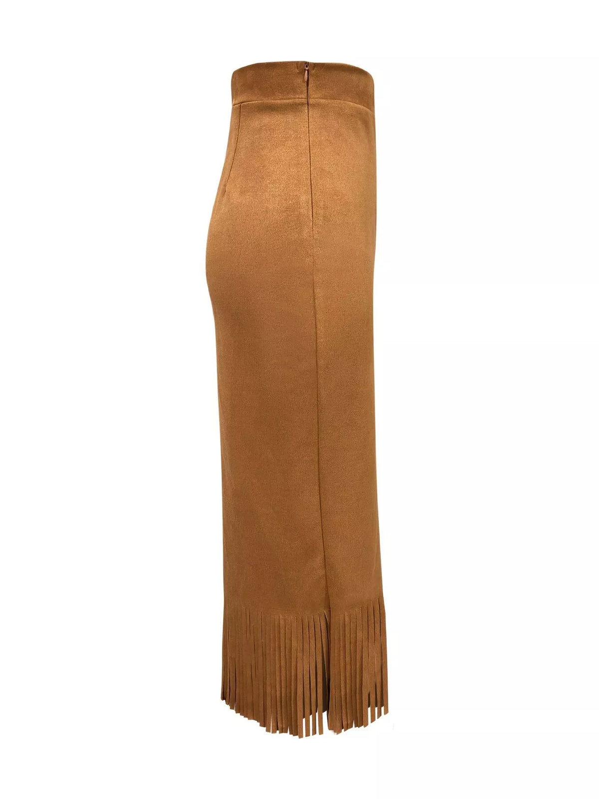 High-Waisted Suede Fringe Midi Skirt