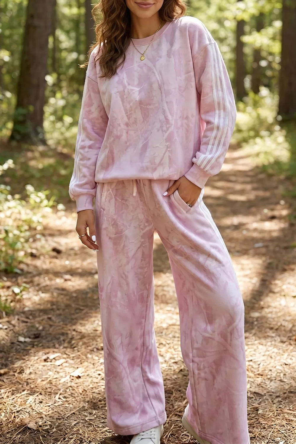 Abstract Print Side Stripe Detail Long Sleeve Top Loose Pants Set