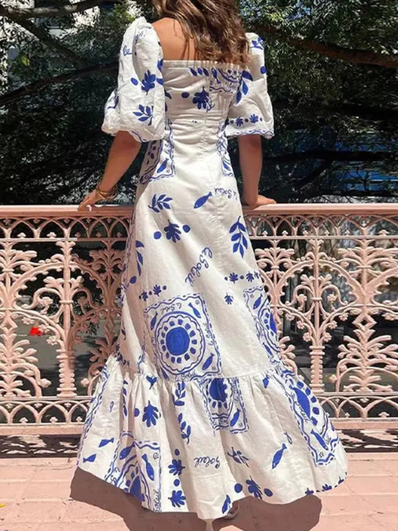 Full Size Floral Print Puff Sleeve Maxi Dress Plus Size