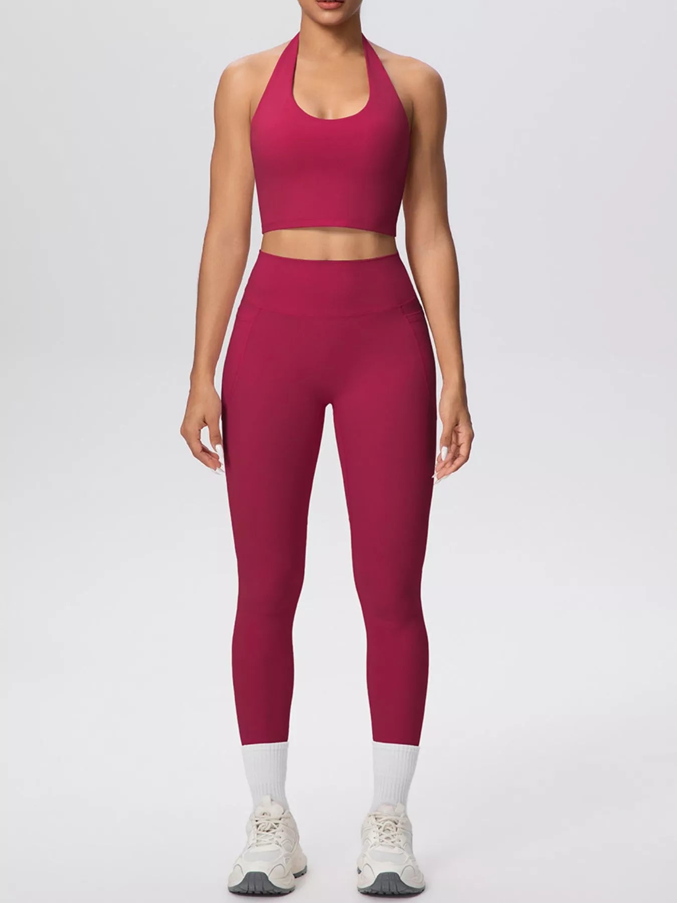 Halter Neck Crop Top and High-Waisted Leggings Active Set