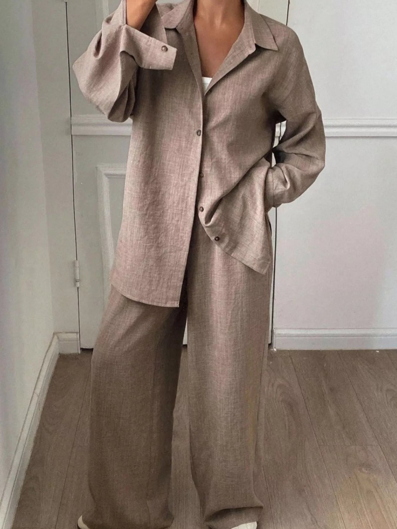 Button Up Long Sleeve Shirt and Wide Leg Pants Set