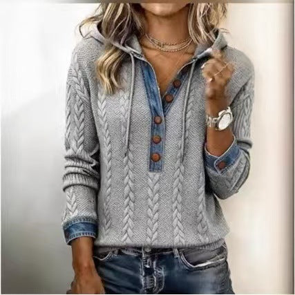 Denim-Panel Cable Knit Hooded Pullover