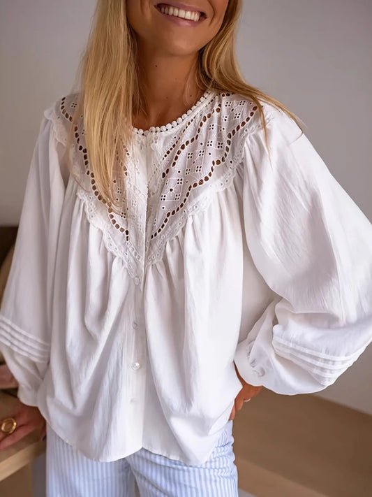 Eyelet Lace Detail Long Sleeve Blouse