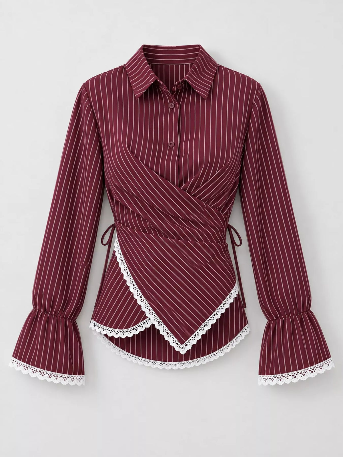 Lace Trim Long Sleeves Striped Shirt