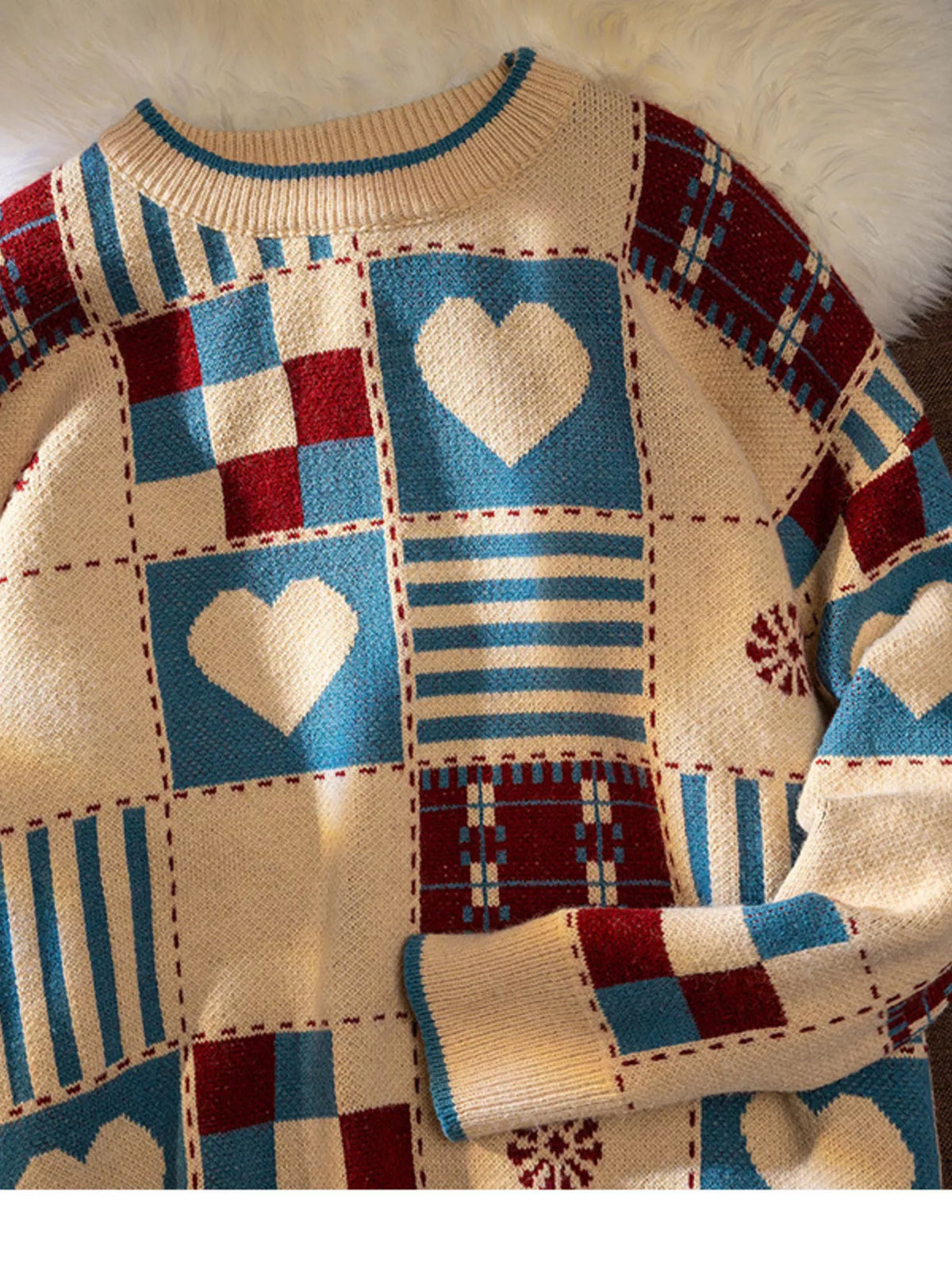 Men's Heart Pattern Checkered Sweater