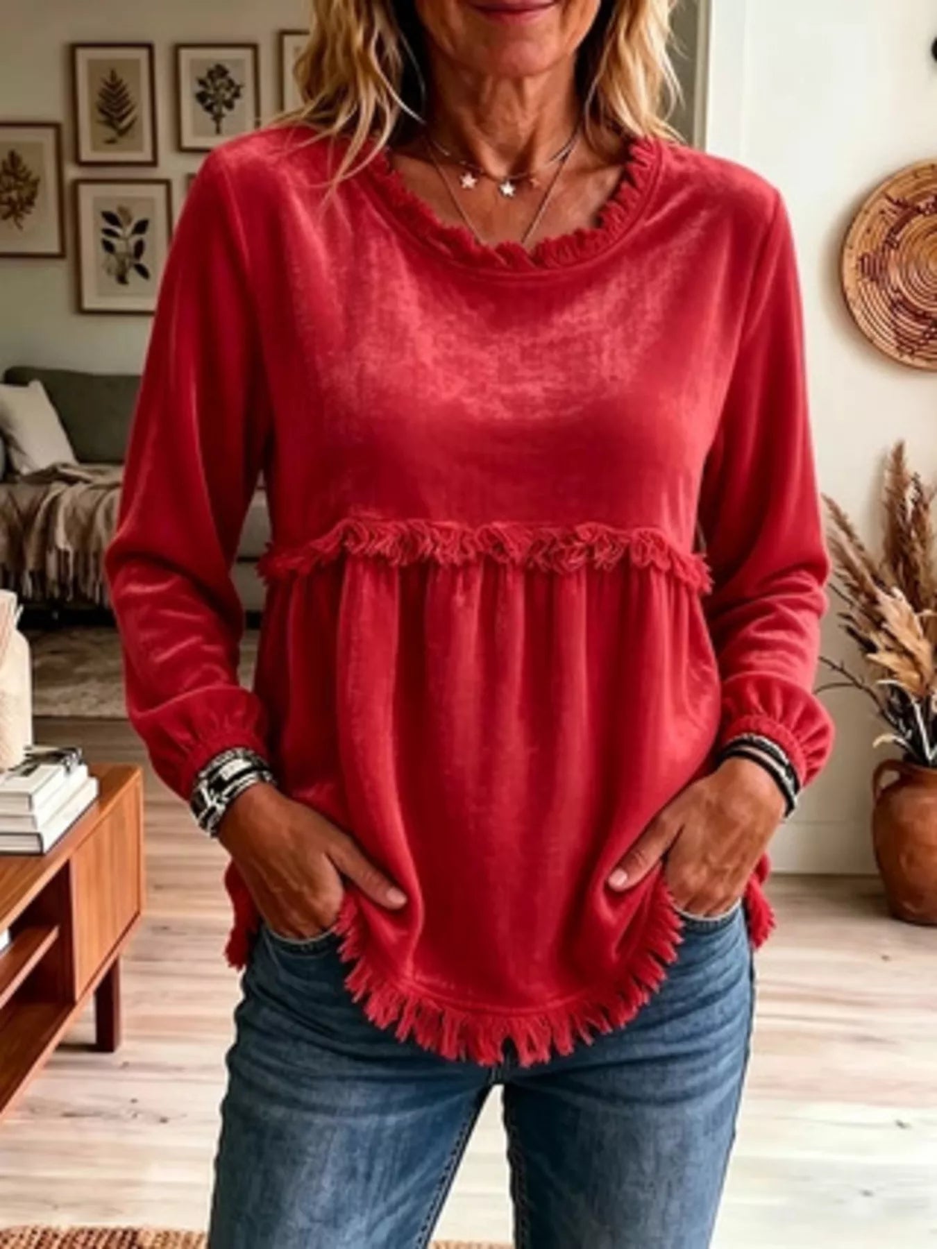 Fringed Hem Long Sleeve T-Shirt