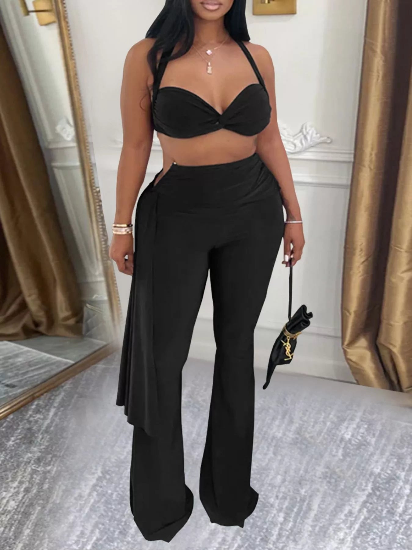 Halter Neck Top and Flare Pants Set