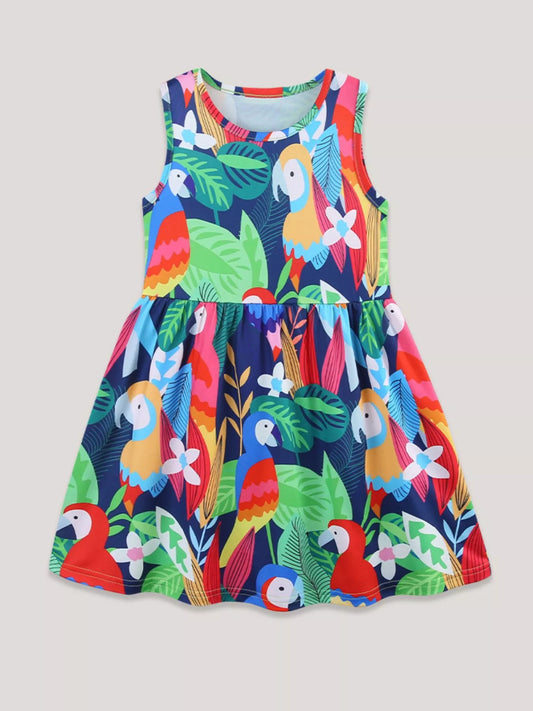 Children's Tropical Parrot Print Sleeveless A-Line Dress