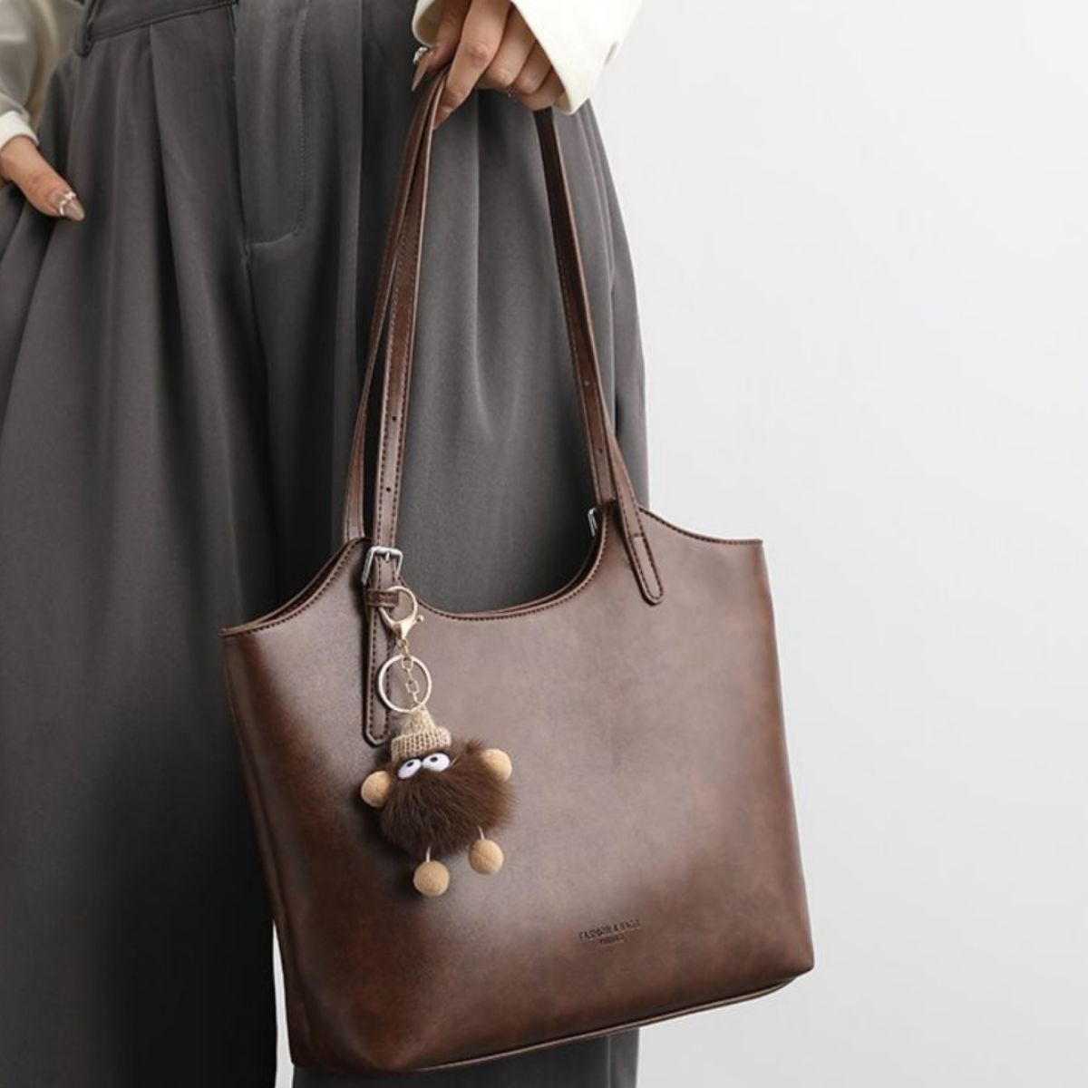 Leather Tote Bag with Charm