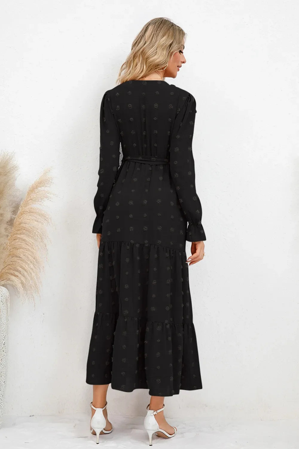 Swiss Dot Tied Surplice Flounce Sleeve Dress