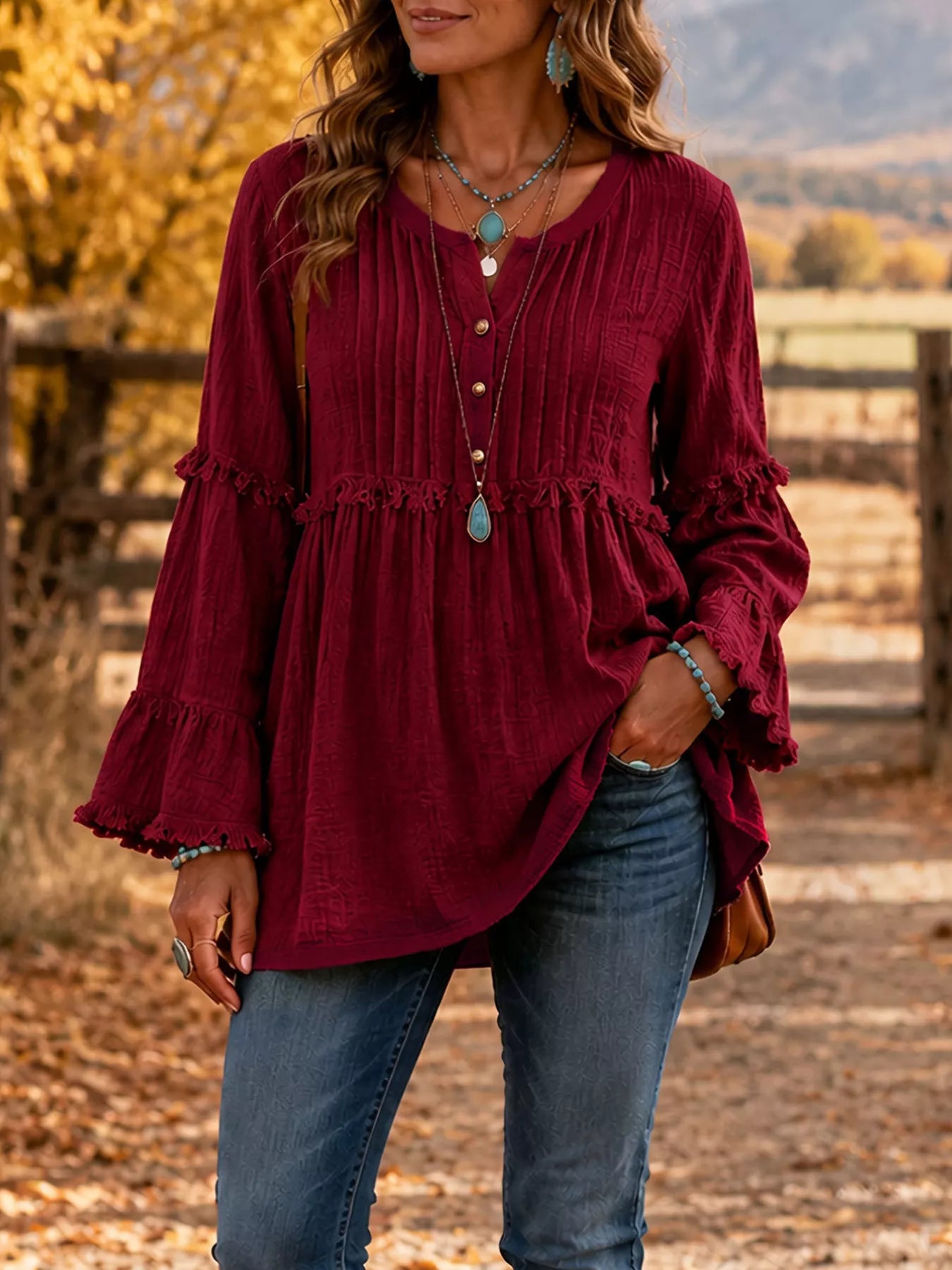 Full Size Frill Notched Long Sleeve Blouse Plus Size