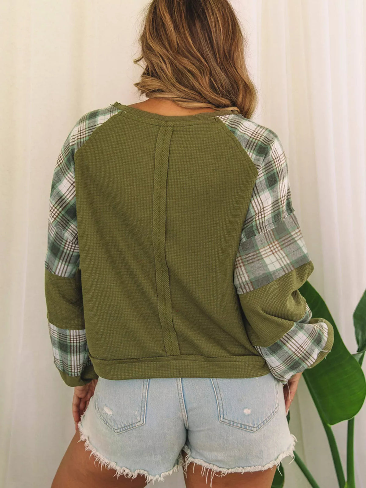 Plaid Patch Waffle Knit Exposed Seam Bubble Sleeve Top