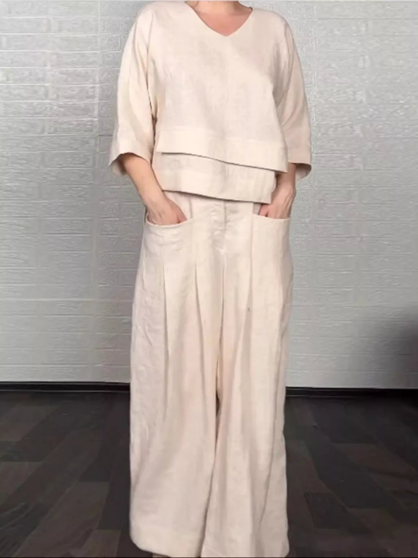 Full Size V-Neck Long Sleeve Top and Pants Set Plus Size