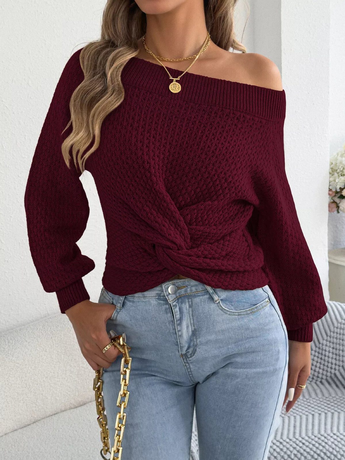 Off-Shoulder Twist Front Textured Knit Top