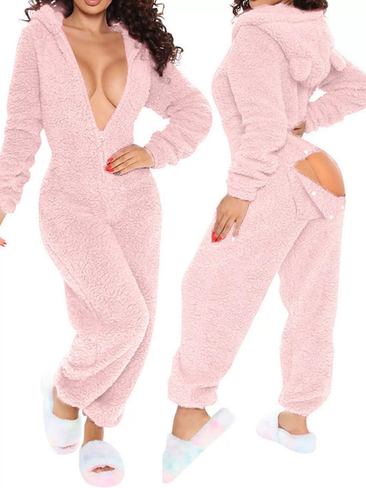 Fleece Hooded Open Back Jumpsuit