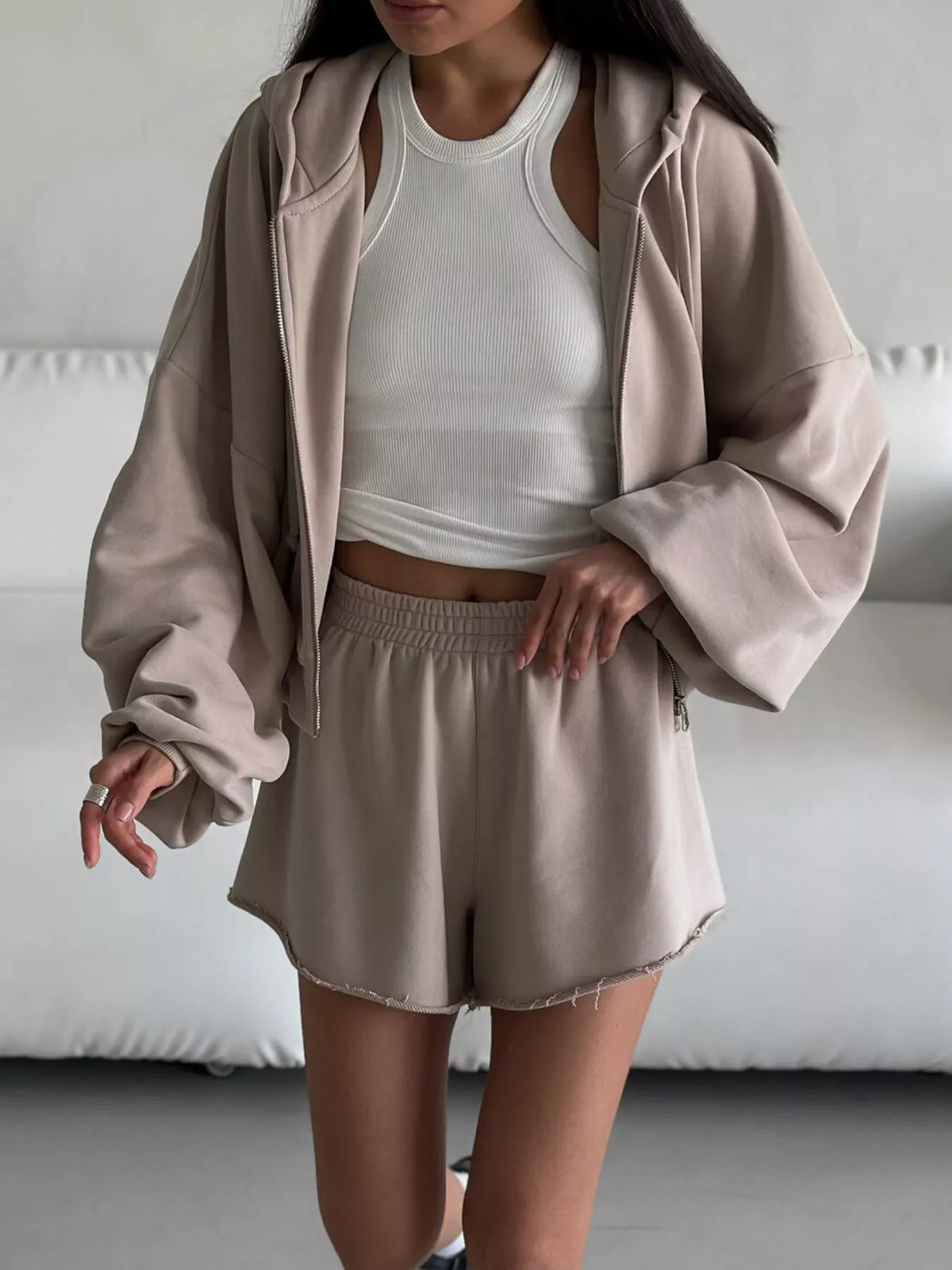 Oversized Zip-Up Hoodie and Shorts Set