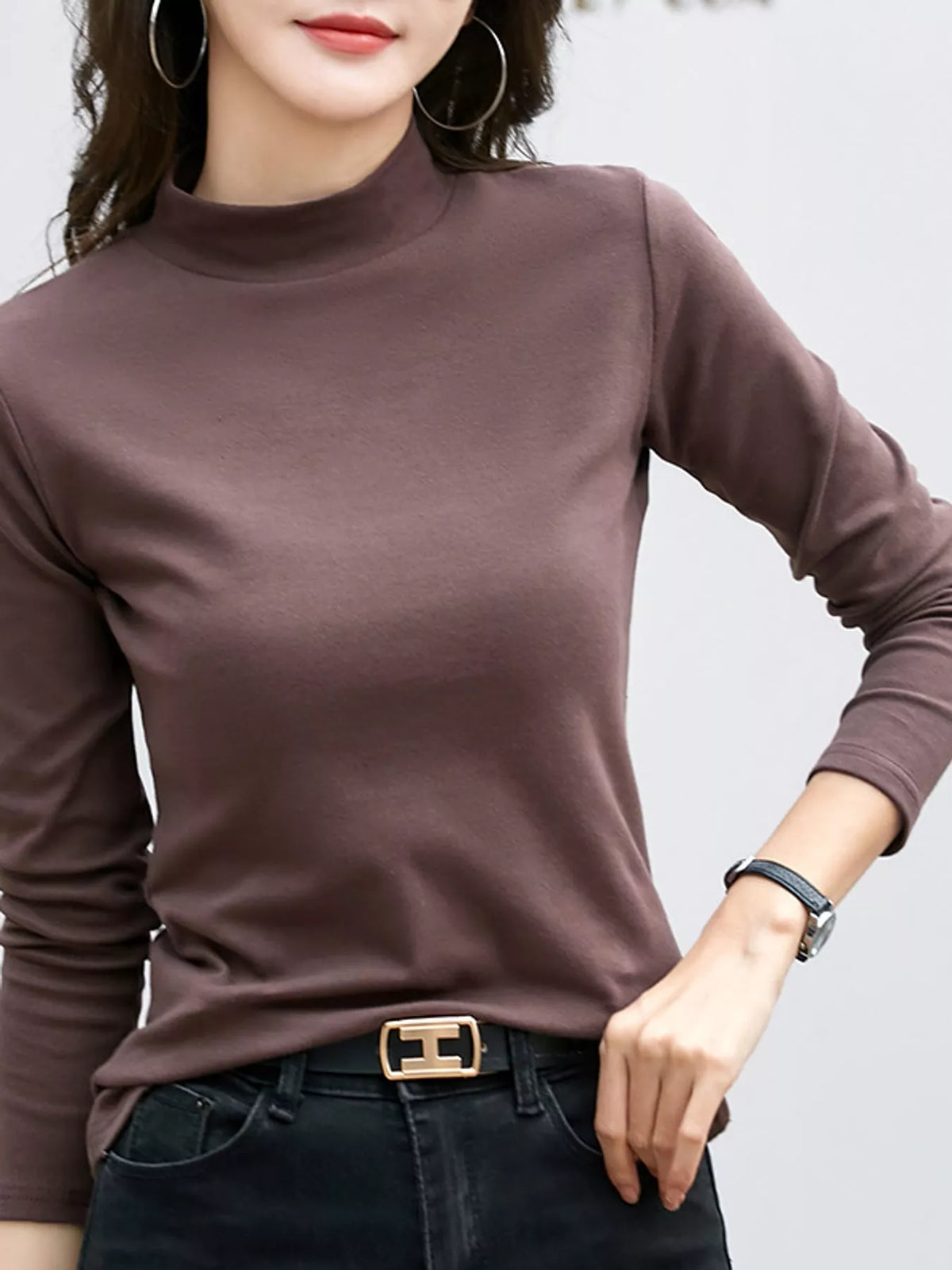 Full Size Slim-Fit Mock Neck Long Sleeve Basic T-Shirt Plus Size