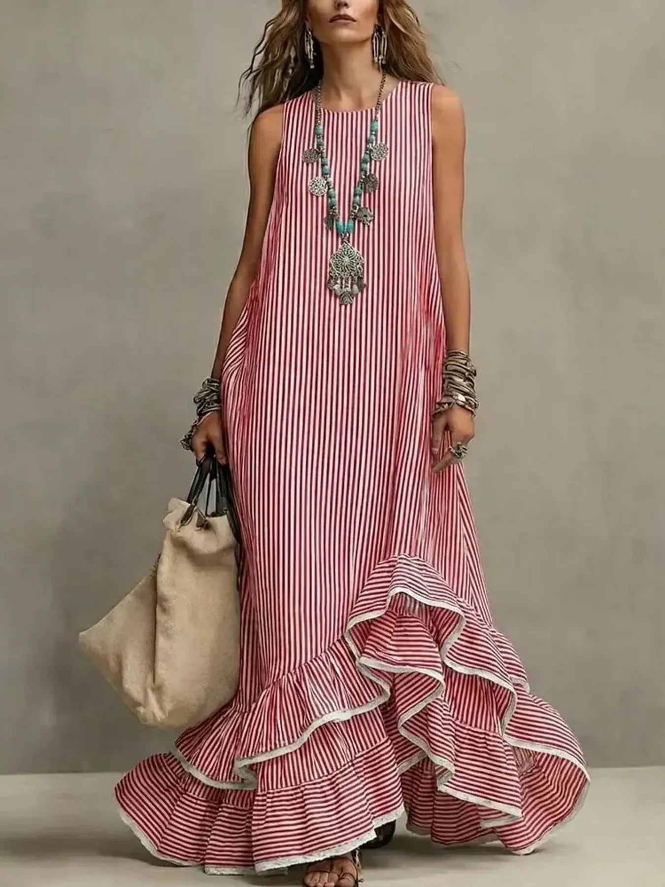 Striped Ruffle Hem Maxi Dress