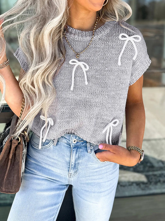 Bow Round Neck Short Sleeve Sweater