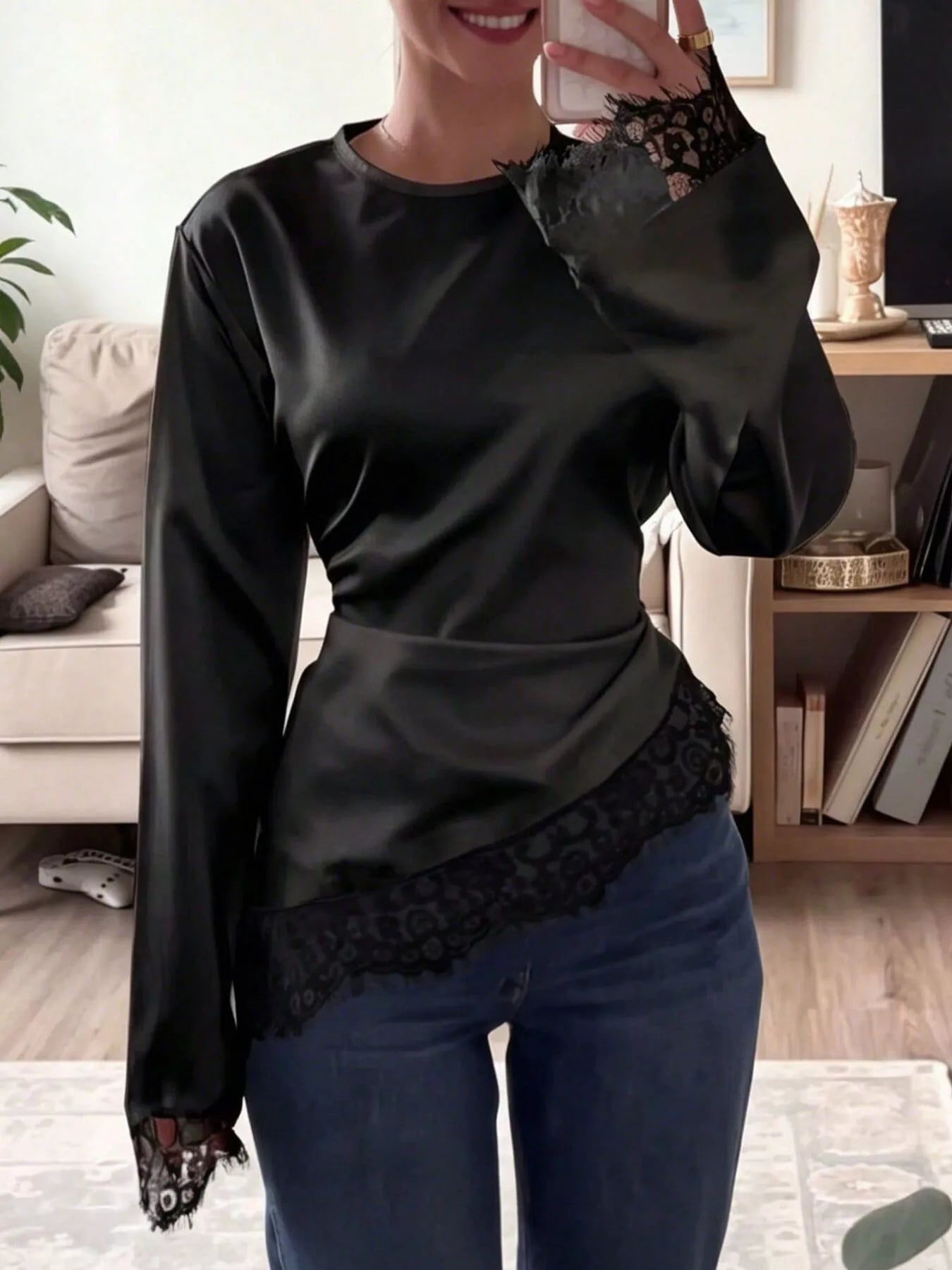 Satin Lace Trim Flare Sleeve Blouse