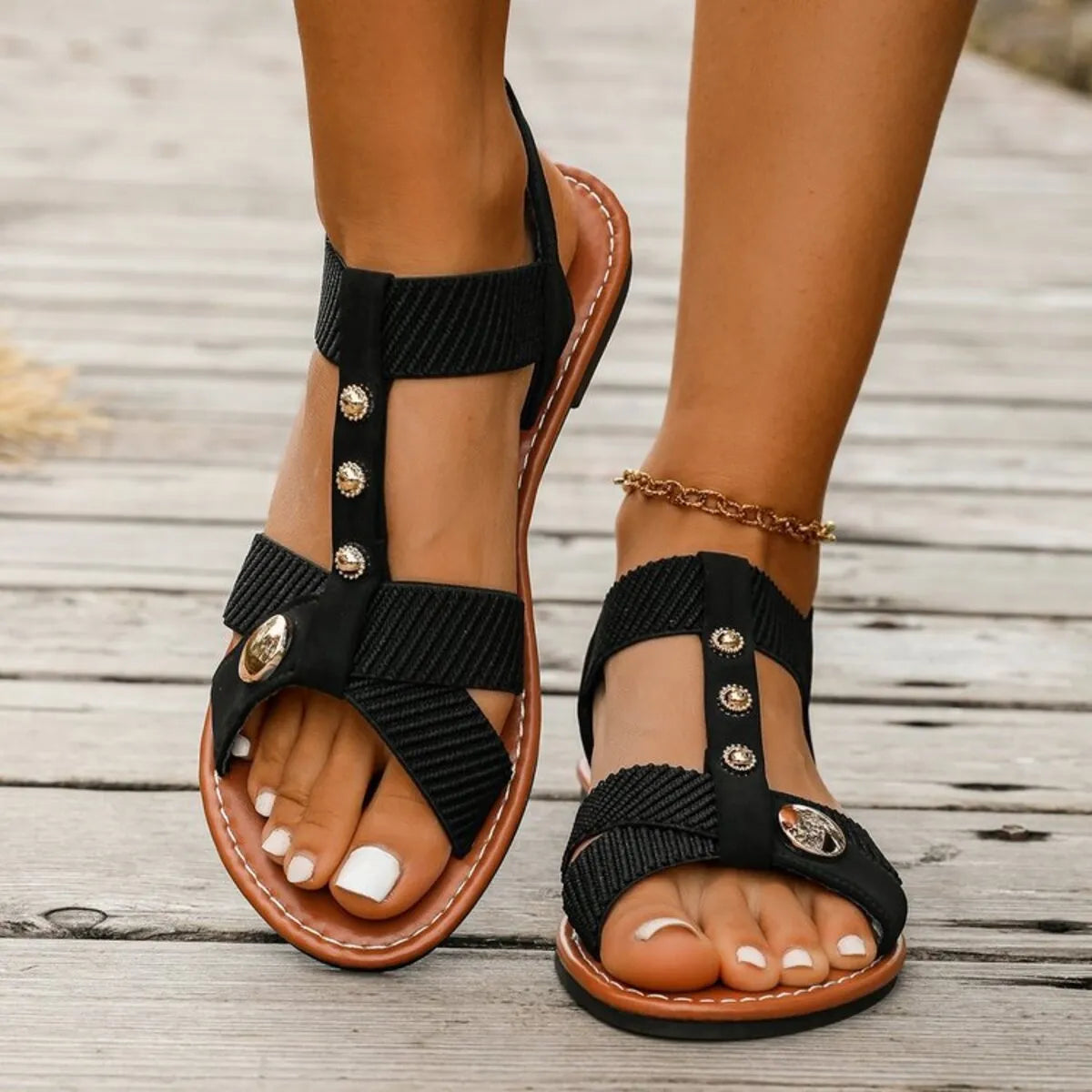 Studded Open Toe Flats Sandals