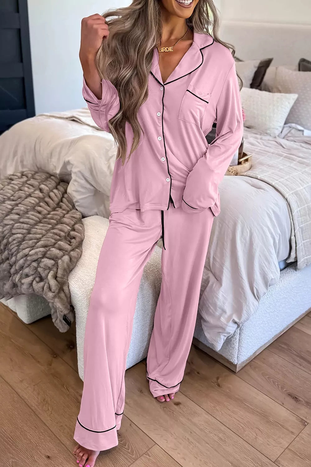 Contrast Trim Button Up Top and Pants Set