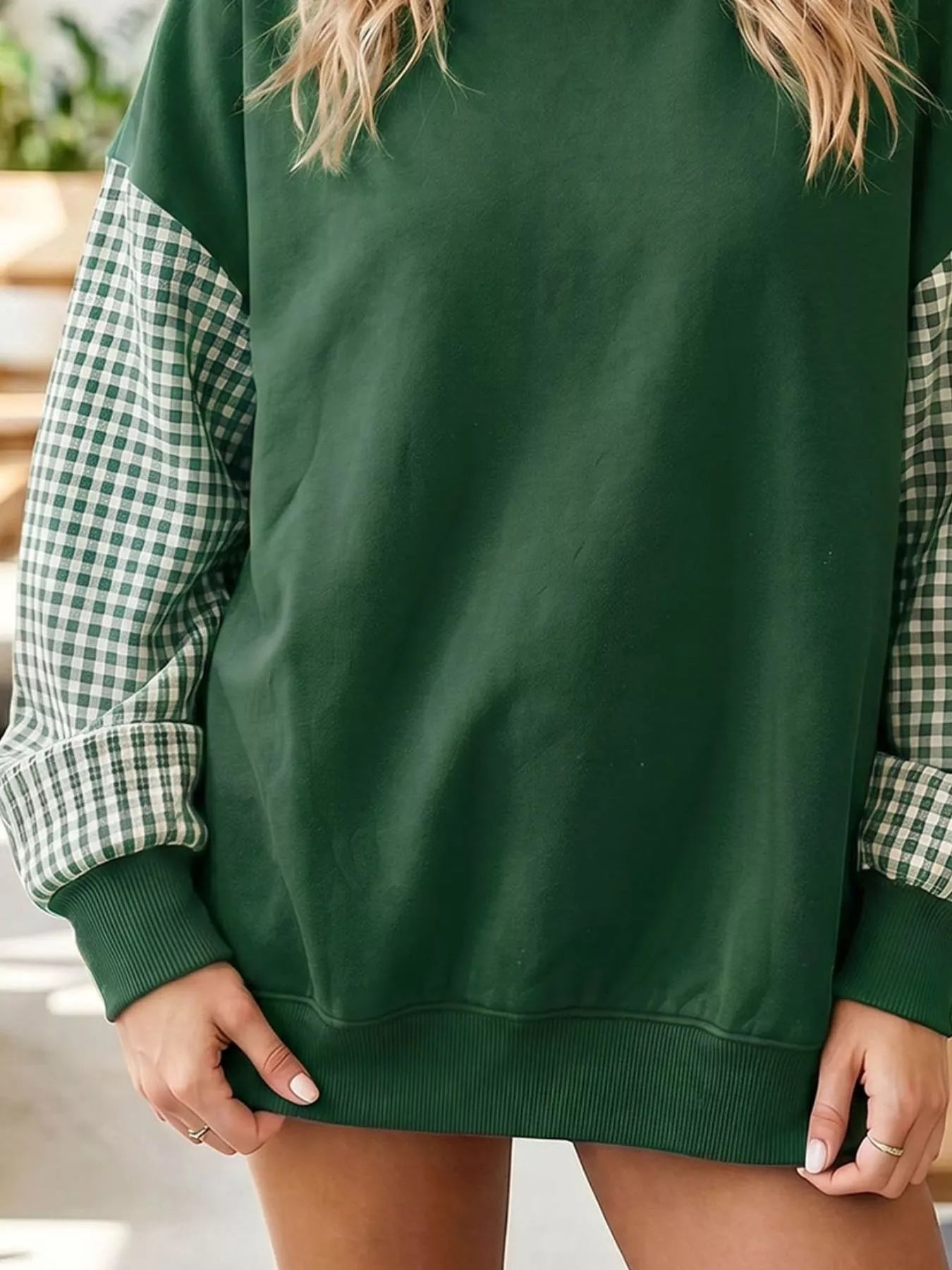 Gingham Sleeve Mock Neck Sweatshirt