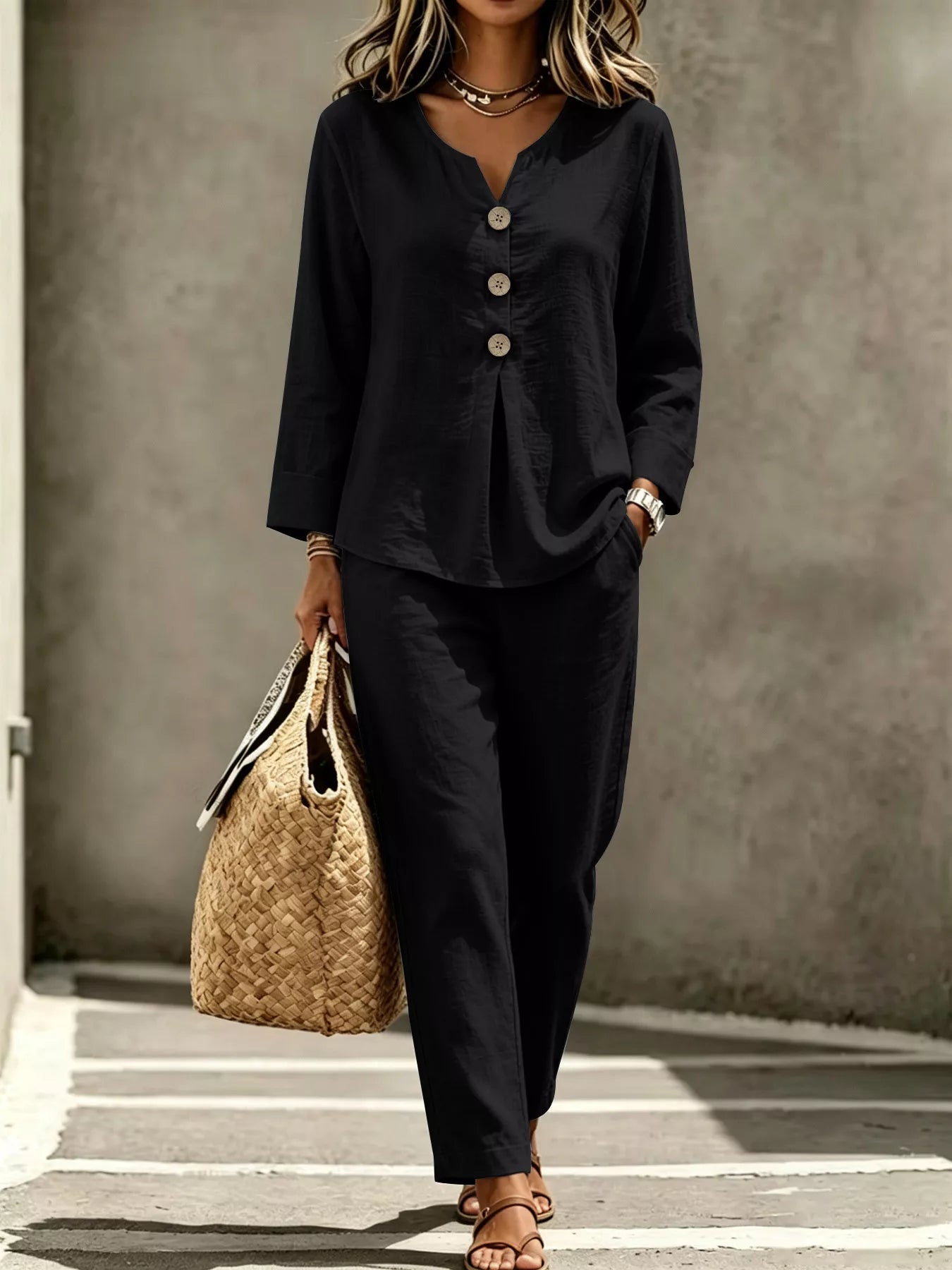 Button Detail Long Sleeve Top and Pants Set