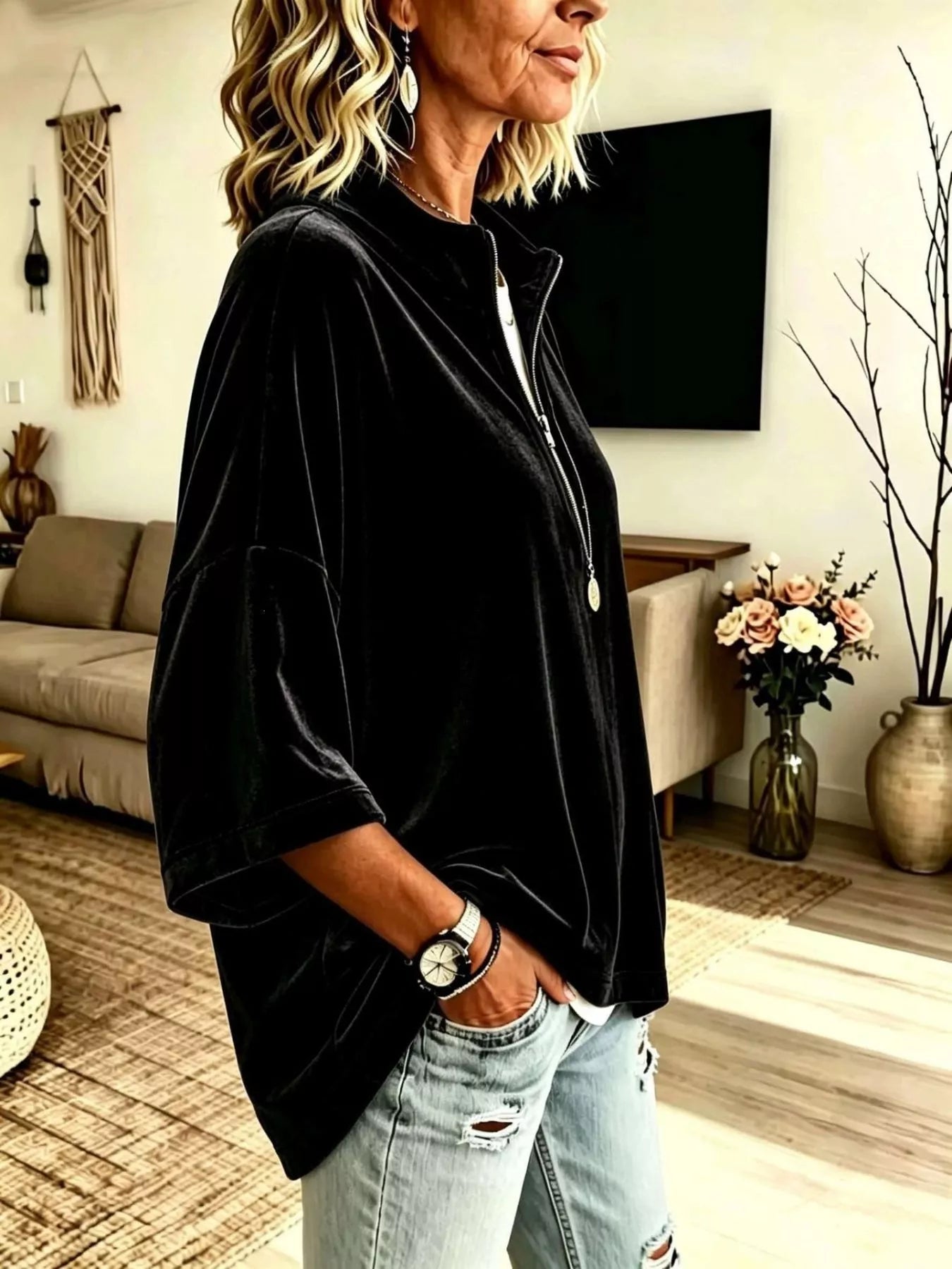 Full Size Velvet Quarter-Zip Sweatshirt Plus Size