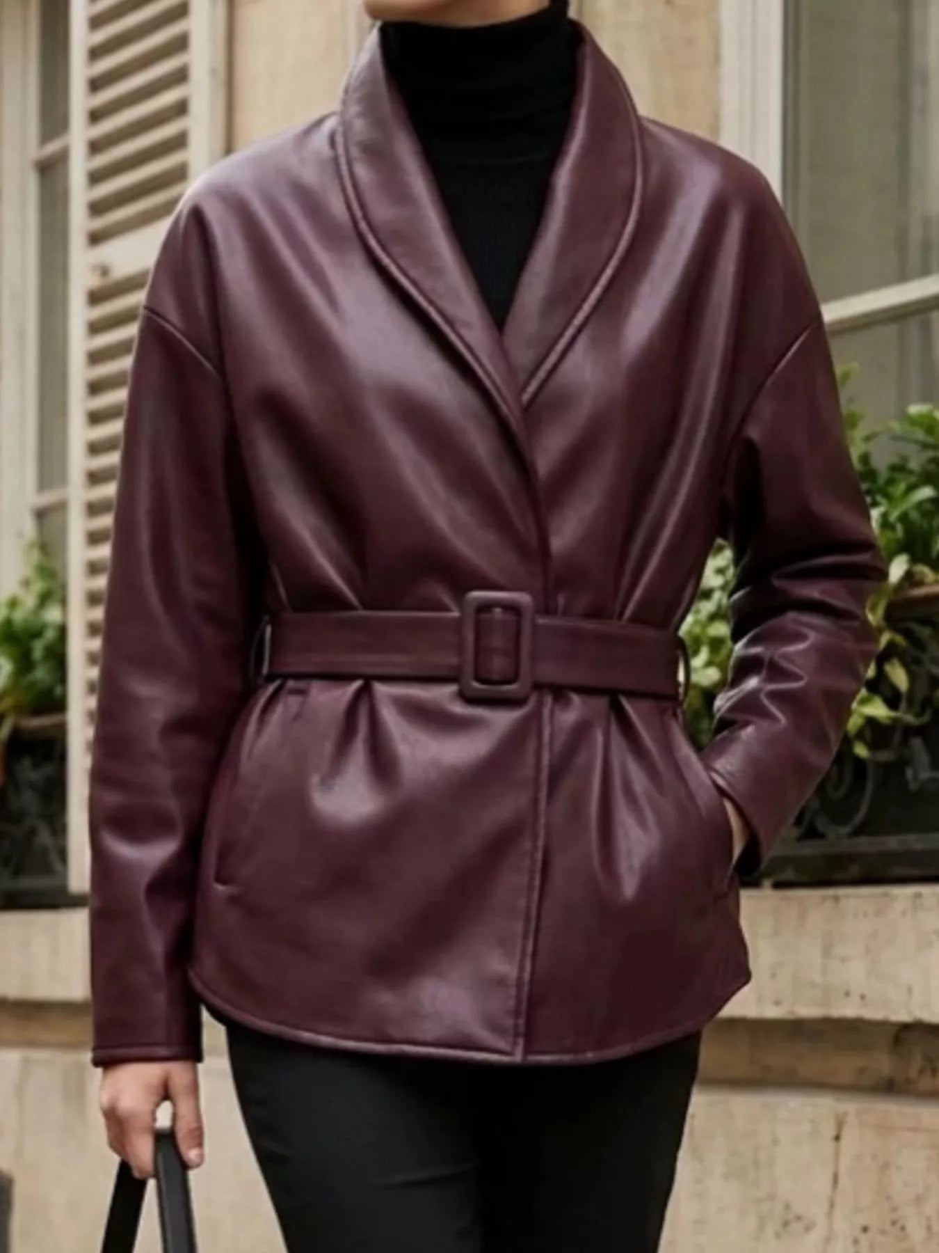 Faux Leather Belted Jacket