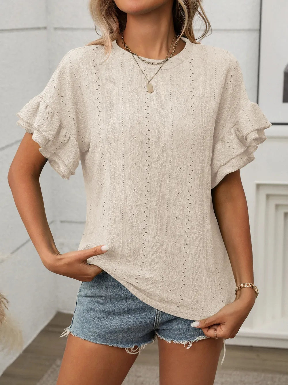 Eyelet Round Neck Flounce Sleeve Top
