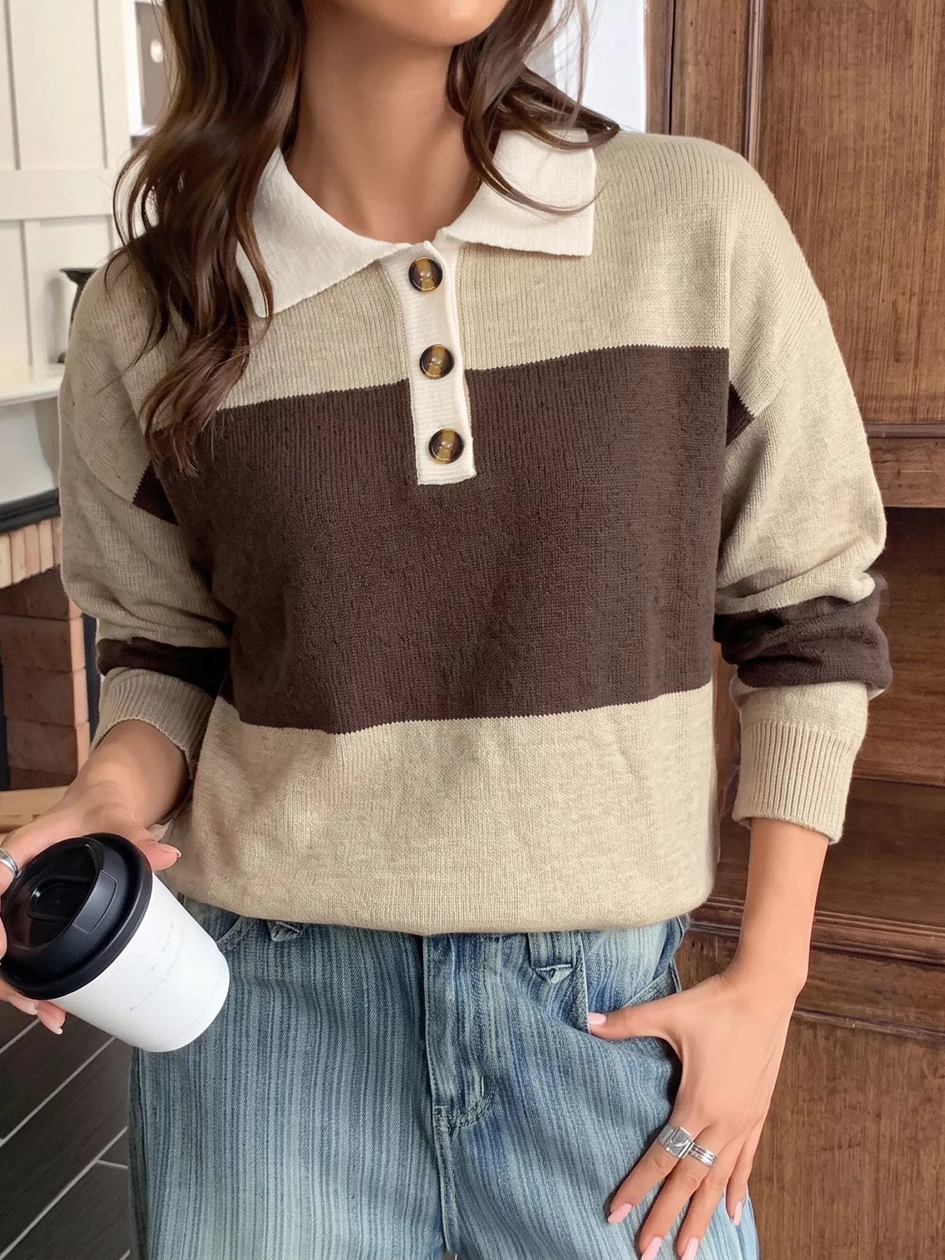 Color Block Polo Collar Sweater