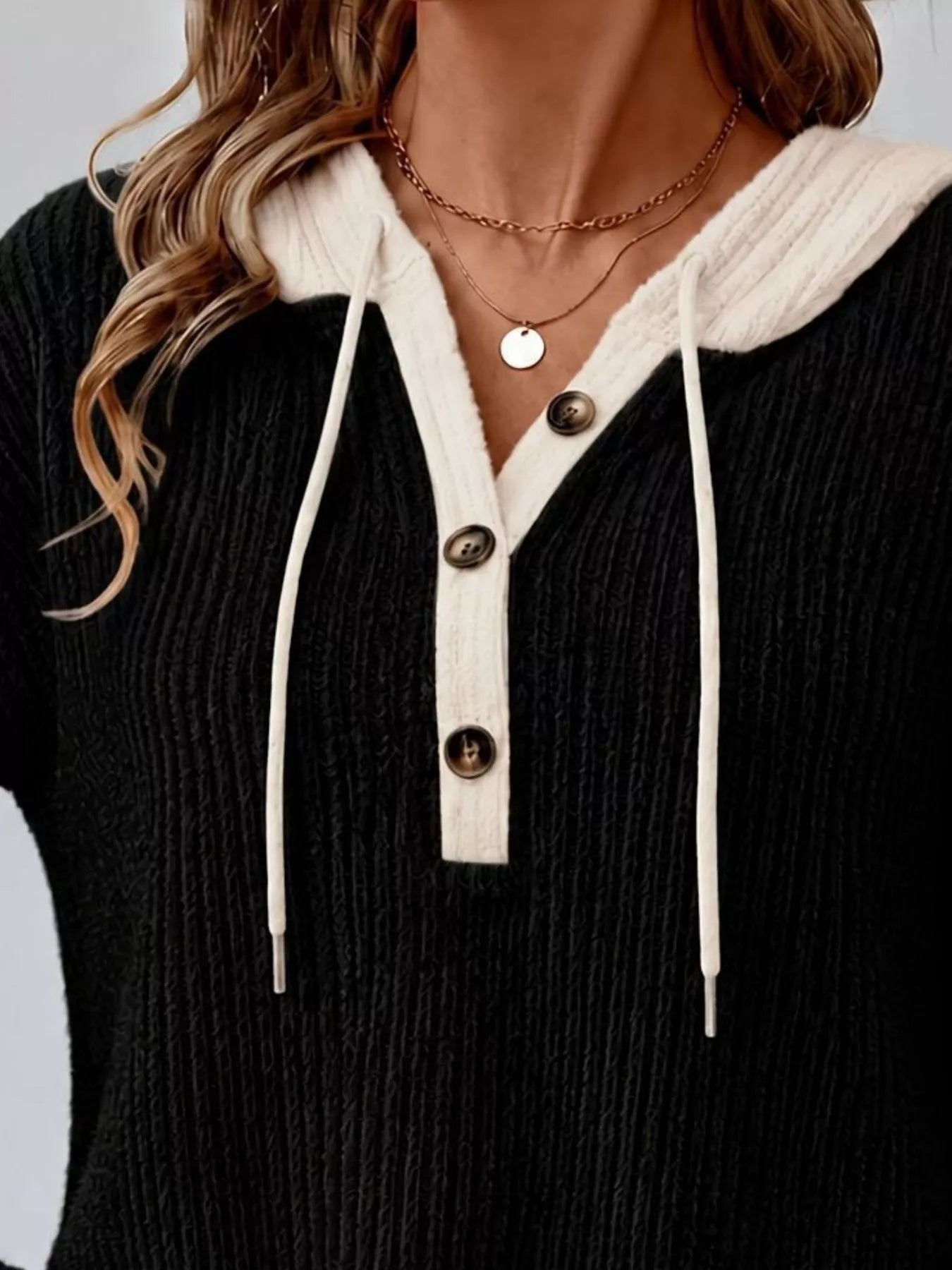 Full Size Drawstring Button Detail Hooded Sweater Plus Size